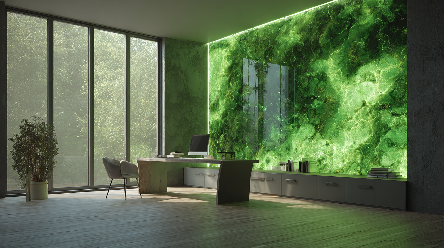 Wohnzimmerwand mit leuchtender AlgaGlow Living Wallpaper: grüne Mikroalgenkanäle, sanftes Licht