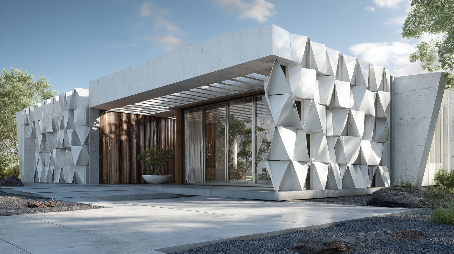 Hausfassade mit KineticFold-Fensterläden: halb gefaltete Origami-Lamellen, reflektierendes Recycling-Aluminium